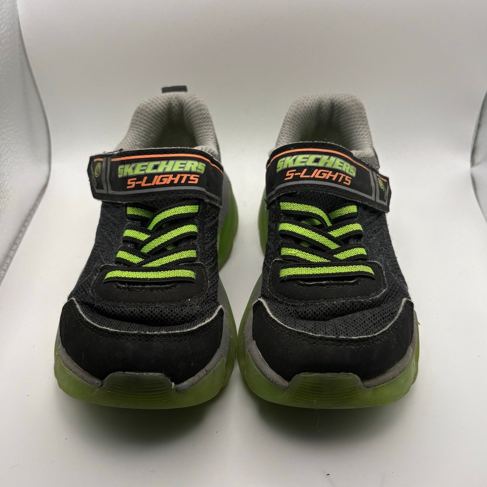 Skechers S-Lights Kids Sneakers Black Lime Green Light Up Shoes 400130L Size 11
